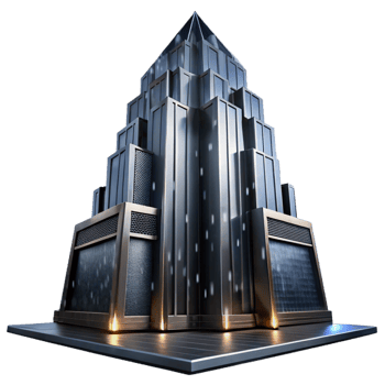 serene calm industrial Art Deco skyscraper, chrome and black glass, sharp angles, volumetric lighting, rainy night, highly detailed, cinematic, 8K png