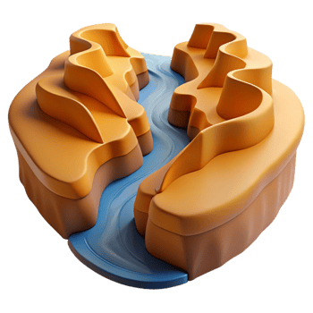sumptuous distinctive A winding river cutting through a canyon, aerial view, golden hour lighting png