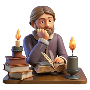 radiant art deco Portrait of a thoughtful writer with a quill in hand and a contemplative expression, surrounded by books, lit by the warm glow of a candle, vintage illustration style flawless png