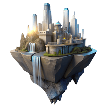 alluring contemporary A futuristic city, built on the side of a cliff, with waterfalls cascading down its walls, illuminated by the soft light of dawn. Sunrise lighting, matte painting style crisp png