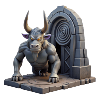 magnificent renaissance A fearsome minotaur guarding a labyrinth entrance, dark and imposing, realistic style precision png