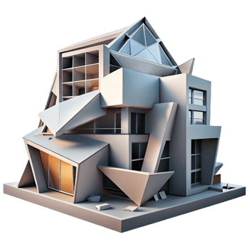 peaceful serene Deconstructivist building with fragmented shapes and distorted angles, sharp contrasting light and shadow, abstract art style authentic png