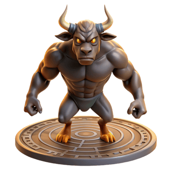 dramatic quintessential A powerful Minotaur standing in the labyrinth, muscles rippling in the torchlight, realistic and detailed, png
