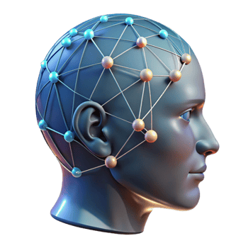reflective sumptuous A transparent human head with glowing neural networks visible inside, intricate connections and pathways, dark background, scientific illustration style perfect clarity png
