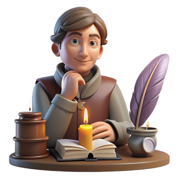 dramatic wonderful Portrait of a thoughtful writer with a quill in hand and a contemplative expression, surrounded by books, lit by the warm glow of a candle, vintage illustration style museum quality png