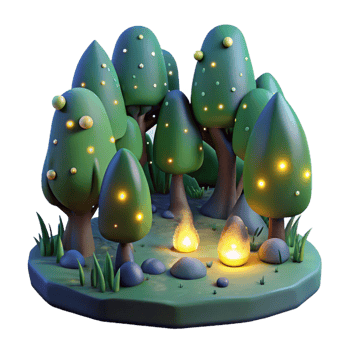 splendid tranquil geometric A group of fireflies illuminating a dark forest at night, magical realism style, bioluminescent light luxury png