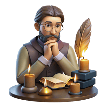 picturesque dreamy futuristic Portrait of a thoughtful writer with a quill in hand and a contemplative expression, surrounded by books, lit by the warm glow of a candle, vintage illustration style 4K png