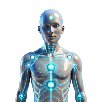 majestic creative A transparent human figure with glowing circuitry visible beneath the skin, surrounded by data streams, illuminated by a soft white light, in a cyberpunk style flawless png