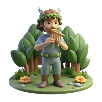 fascinating memorable Pan playing his panpipes in a sunlit forest glade, surrounded by nymphs, Impressionist style, soft, dappled lighting, png