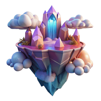 splendid baroque A floating island with crystal castles and waterfalls cascading into the clouds, vibrant sunset lighting, dreamlike style elite png