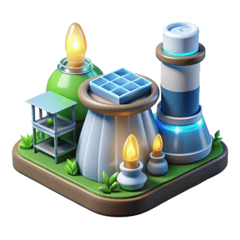 extraordinary vintage A power plant generating clean energy, futuristic design with glowing elements, environmental art style 4K png