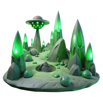 magnificent exceptional A desolate alien landscape with strange rock formations, eerie green lighting, otherworldly atmosphere, science fiction style, png