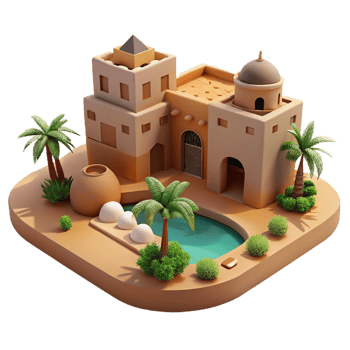 dazzling creative A desert oasis with traditional mud brick buildings, warm sunlight, peaceful atmosphere, Middle Eastern style, detailed png