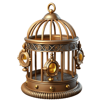 glorious industrial A steampunk birdcage, ornate brass bars and intricate decorations, containing a mechanical bird, soft window lighting genuine png