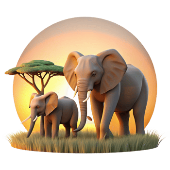 alluring nostalgic mid century A family of elephants walking through the savanna at sunset, the warm light casting long shadows, in a peaceful, picturesque style high resolution png