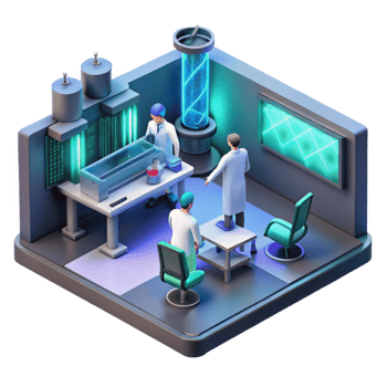 immaculate organic A futuristic laboratory filled with advanced technology, glowing screens, scientists working in the background, isometric view elite png