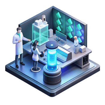signature impressionist A futuristic laboratory filled with advanced technology, glowing screens, scientists working in the background, isometric view detailed png