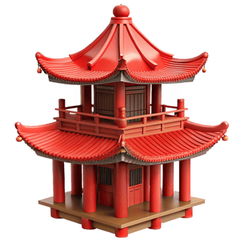 dreamy immaculate A traditional Chinese pagoda with intricate carvings and red lacquered wood, soft diffuse daylight, digital painting style premium png