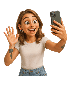 Cartoon-Style Woman Taking a Selfie with Exaggerated Facial Features png