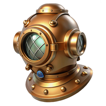 alluring intense mid century A steampunk diving suit, crafted from brass and copper, with large, circular glass windows, illuminated by an underwater spotlight impeccable png