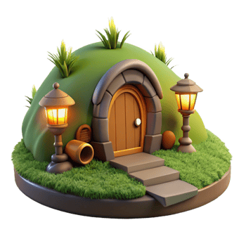 nostalgic gorgeous A hobbit hole nestled in a hillside, lush green grass, warm firelight, cozy atmosphere, masterfully captured png