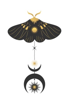 Golden celestial emblem of moth with space decorations. Decorative celestial element vector