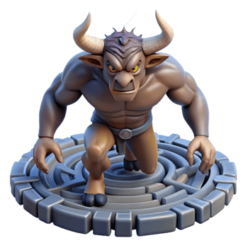 ethereal elegant A fearsome minotaur with the head of a bull and the body of a man, trapped in a labyrinth, dark fantasy art masterfully captured png
