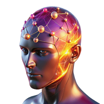 dazzling ethereal urban A transparent human head with visible neural networks firing, vibrant colors, dark lighting, scientific style museum quality png
