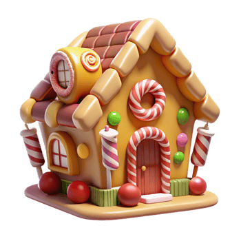 extraordinary avant garde A whimsical gingerbread house with elaborate candy decorations, warm interior lighting, storybook illustration style luxury png
