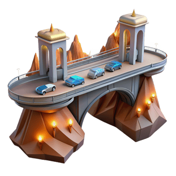 stunning unparalleled A futuristic bridge spanning a vast canyon, sleek design, glowing lights, flying cars png