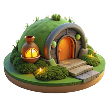 extraordinary quintessential A hobbit hole nestled in a hillside, lush green grass, warm firelight, cozy atmosphere, png