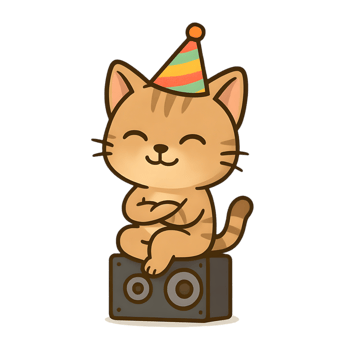 Charming chibi party cat relaxing on speaker festive atmosphere cute illustration playful vibe whimsical perspective png
