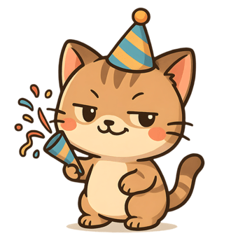 Charming chibi cat in birthday hat celebrating with confetti festive atmosphere cute illustration whimsical viewpoint png