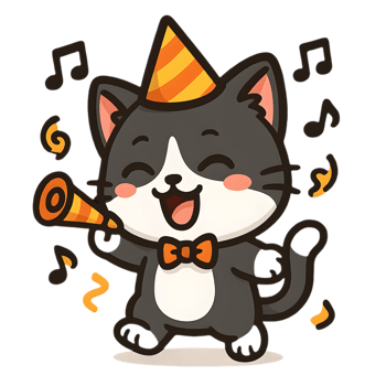 Mischievous chibi cat celebrating at a party cartoon style joyful atmosphere playful perspective fun concept png
