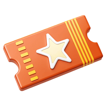 Glossy Orange Ticket with White Star and Yellow Stripes on Transparent Background png