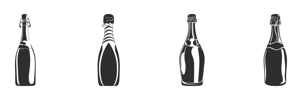 Champagne Bottle Silhouettes Set. Celebration And Festivity Theme Isolated Illustration Collection vector