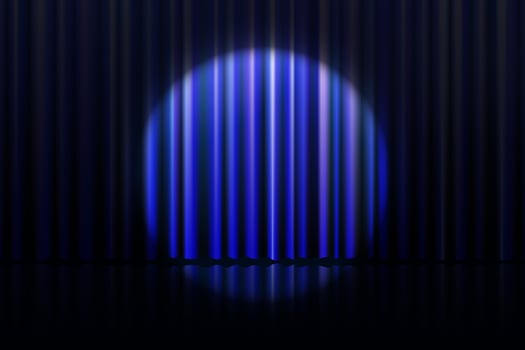 Realistic blue stage curtain with soft silk drapes and spotlight beam. Elegant background with floor reflection and dramatic lighting. Perfect for award ceremony, theatre or movie premiere. vector