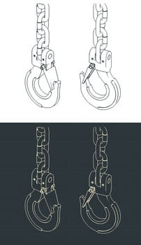 Lifting hook and chains isometric blueprints illustrations vector