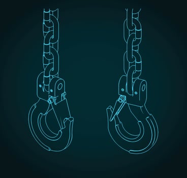 Lifting hook and chains isometric blueprints illustration vector