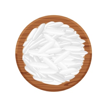 rice seed raw on circle wood plate, isolated on white, grains rice and paddy seed on wooden tray, pile rice grains, illustration rice barley white seed macro concept, vegetarian food for clip art vector