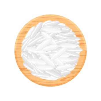 rice seed raw on circle wood plate, isolated on white, grains rice and paddy seed on wooden tray, pile rice grains, illustration rice barley white seed macro concept, vegetarian food vector