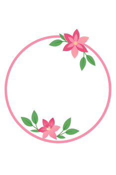 Beautiful round flower border with slim pink flowers and green leaves png
