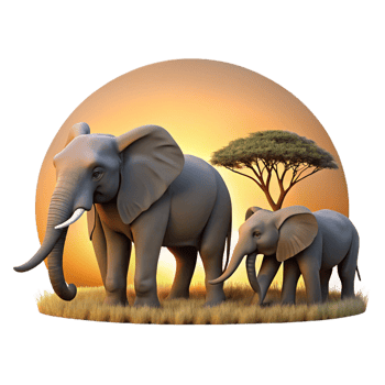 alluring harmonious art deco A family of elephants walking across the savanna, sunset lighting, silhouette style detailed png