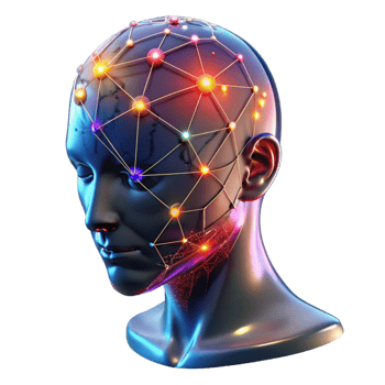 gorgeous retro A transparent human head with visible neural networks firing, vibrant colors, dark lighting, scientific style high resolution png