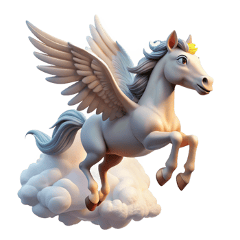 dramatic glorious A majestic pegasus flying through a cloudy sky, soft sunlight, dreamlike style high resolution png