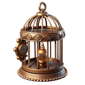 spectacular quintessential A steampunk birdcage, ornate brass bars and intricate decorations, containing a mechanical bird, soft window lighting png