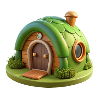 impressive reflective art deco A hobbit hole built into a hillside, round green door, moss covered roof, charming, whimsical, storybook illustration, precision png