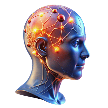 hypnotic memorable A transparent human head with visible neural networks firing, vibrant colors, dark lighting, scientific style png