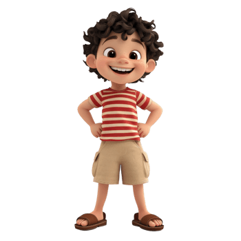 Smiling Cartoon Boy in Red Striped Shirt and Khaki Shorts Isolated on transparent Background png