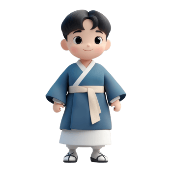 Smiling Cartoon Boy in Blue Hanbok 3D Render Isolated on transparent Background png